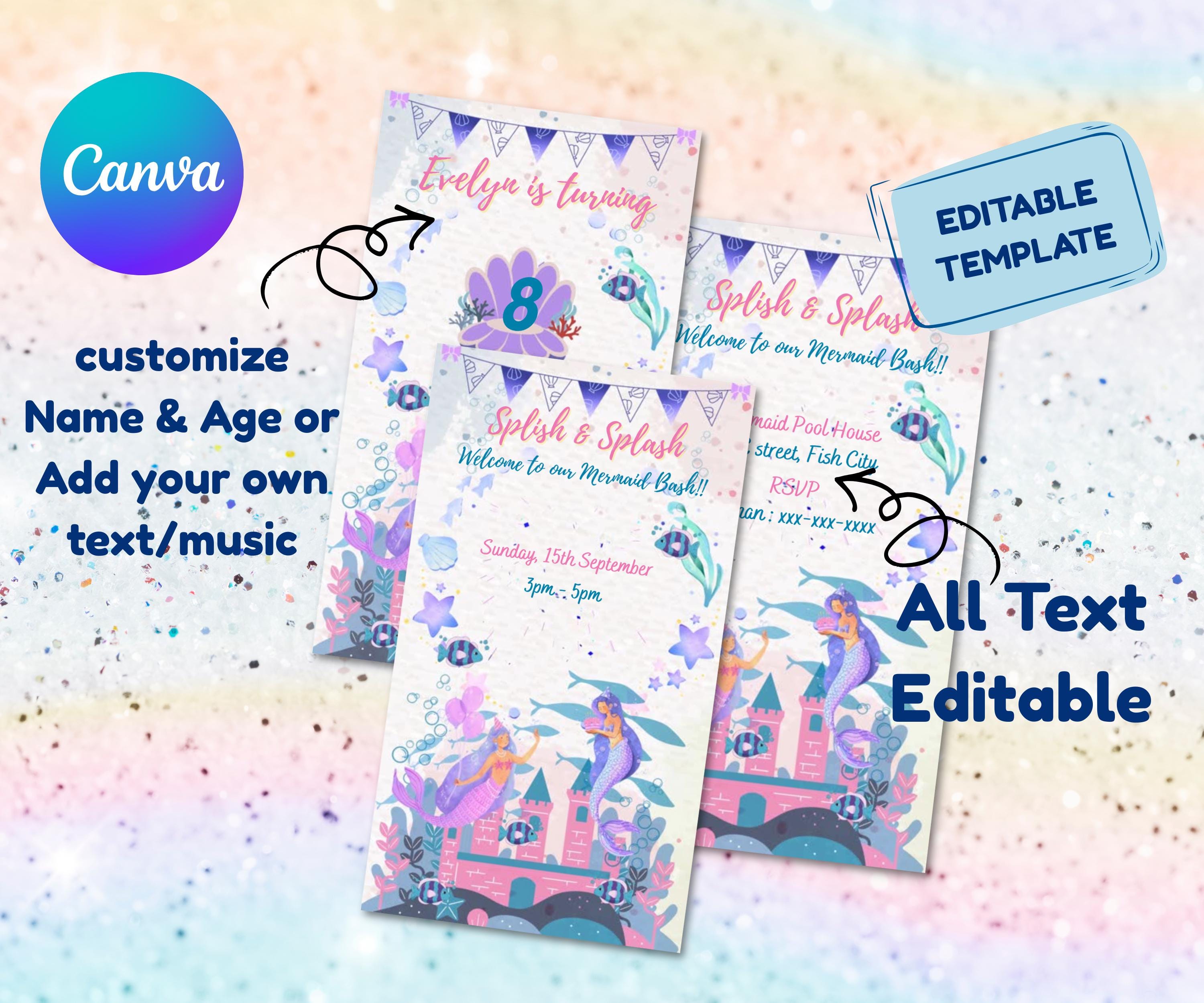 Canva video editor showing editable text fields on mermaid invitation template