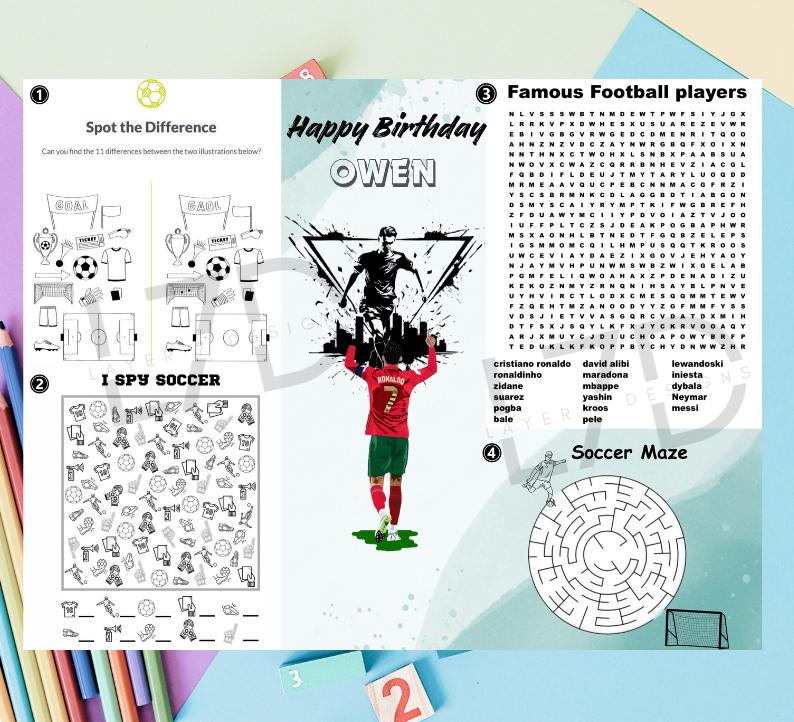 Soccer activity sheet with player word search and quiz