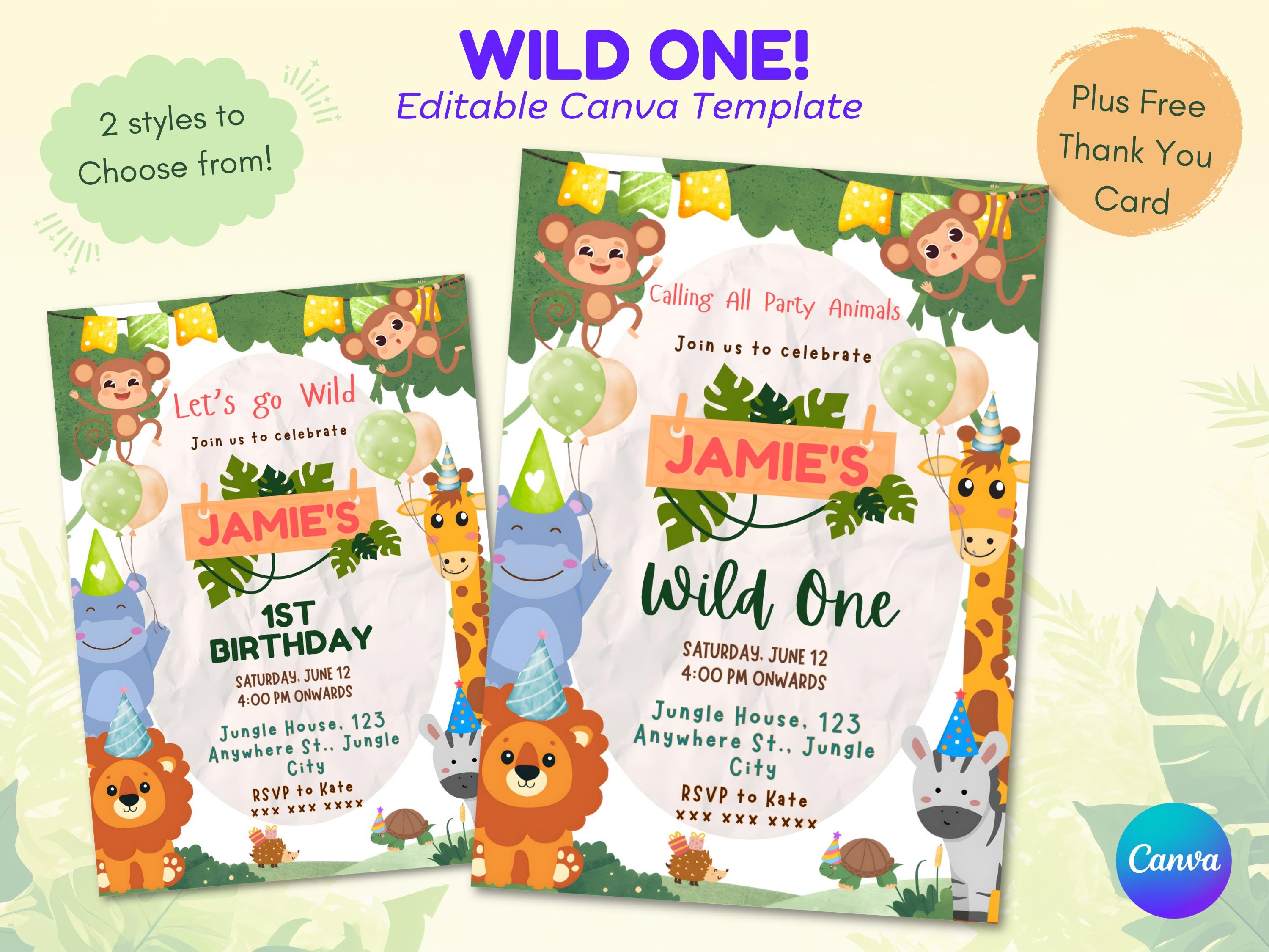 Wild One Safari Birthday Invitation with lion and jungle animals