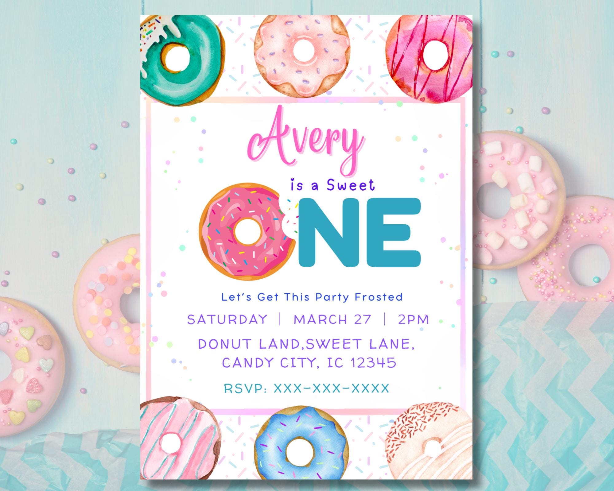 Sweet One Donut Birthday Invitation with pastel donuts