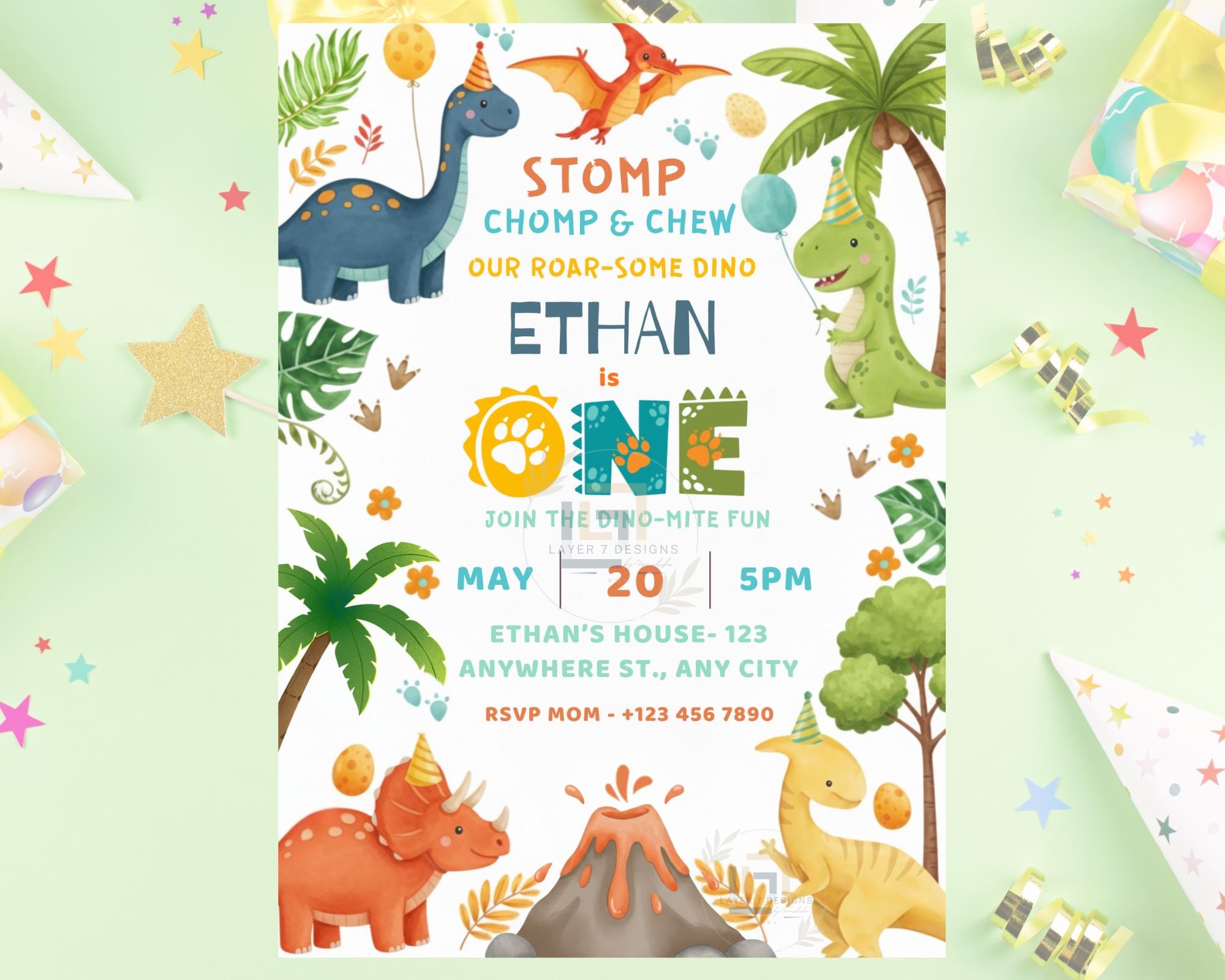 Dinosaur 1st Birthday Invitation with cheerful T-Rex design for boys