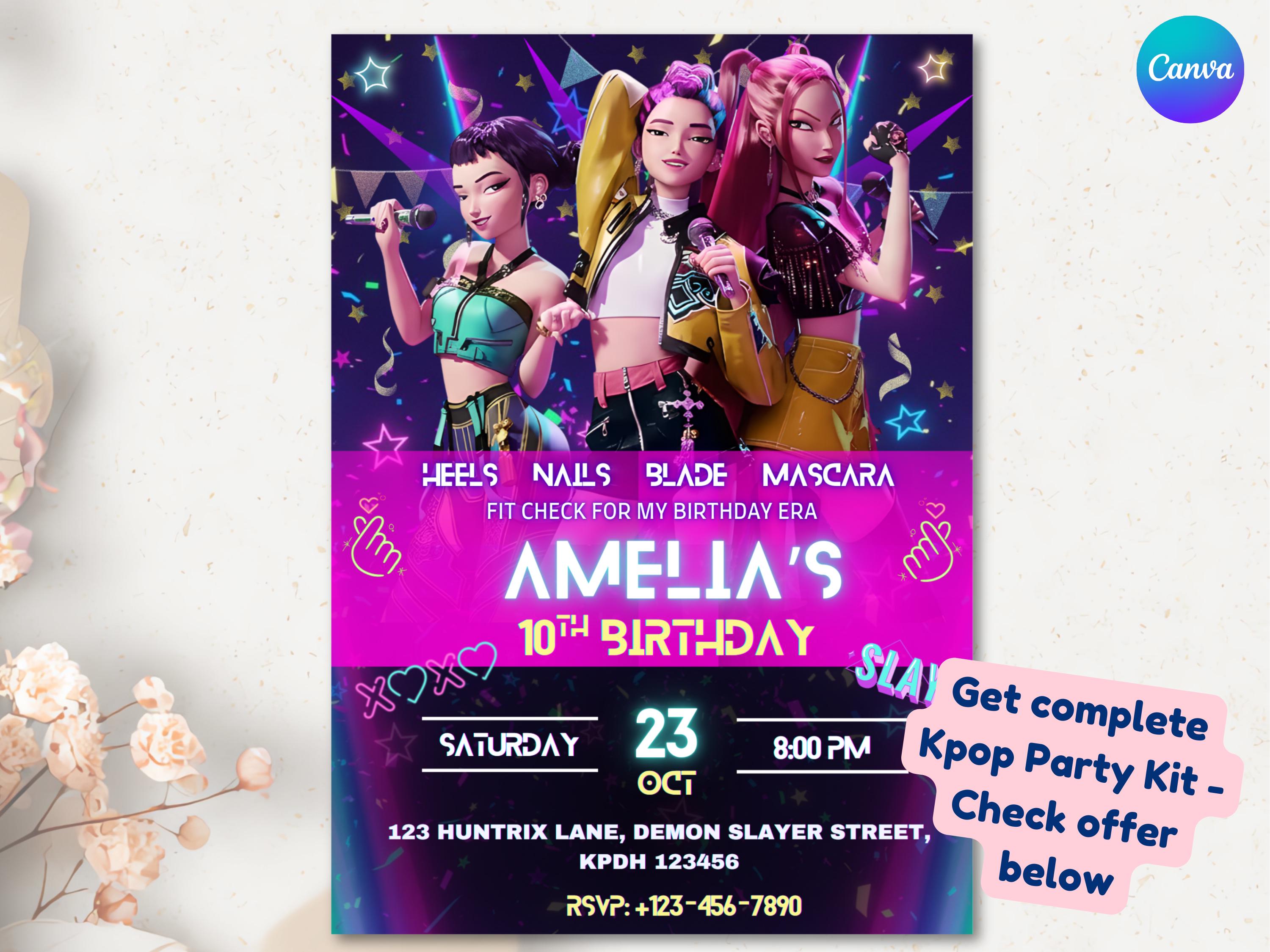 Kpop Demon Hunters Huntrix Birthday Invitation with neon concert vibes