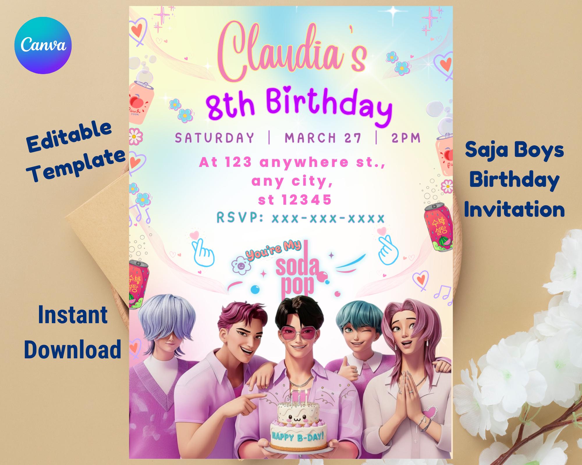 Kpop Saja Boys Birthday Invitation with boy band theme