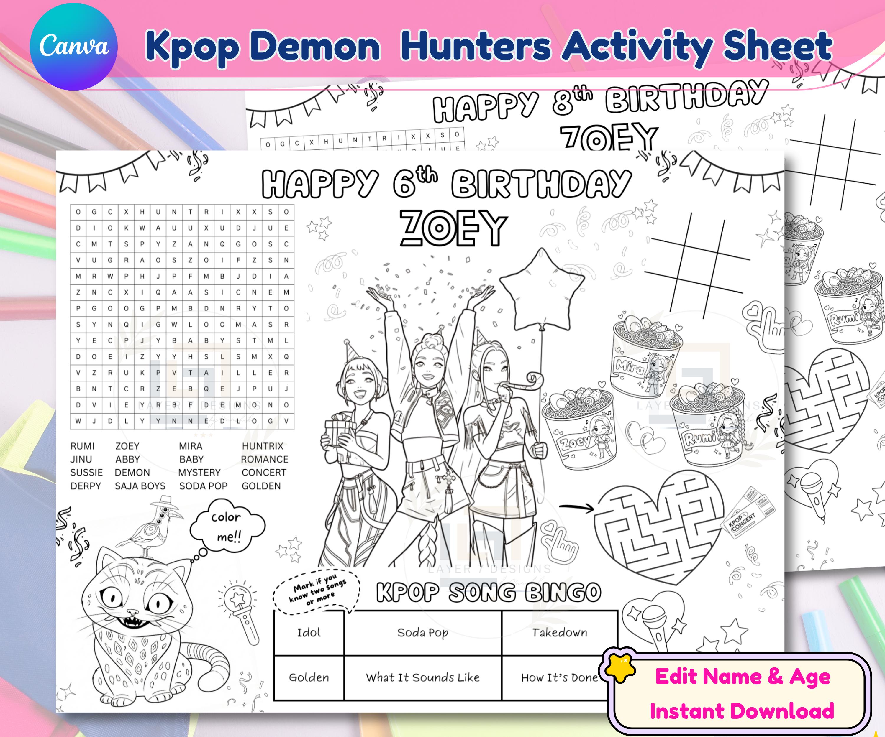 Kpop Demon Hunters Activity Placemat flatlay with crayons and Kpop themed snacks