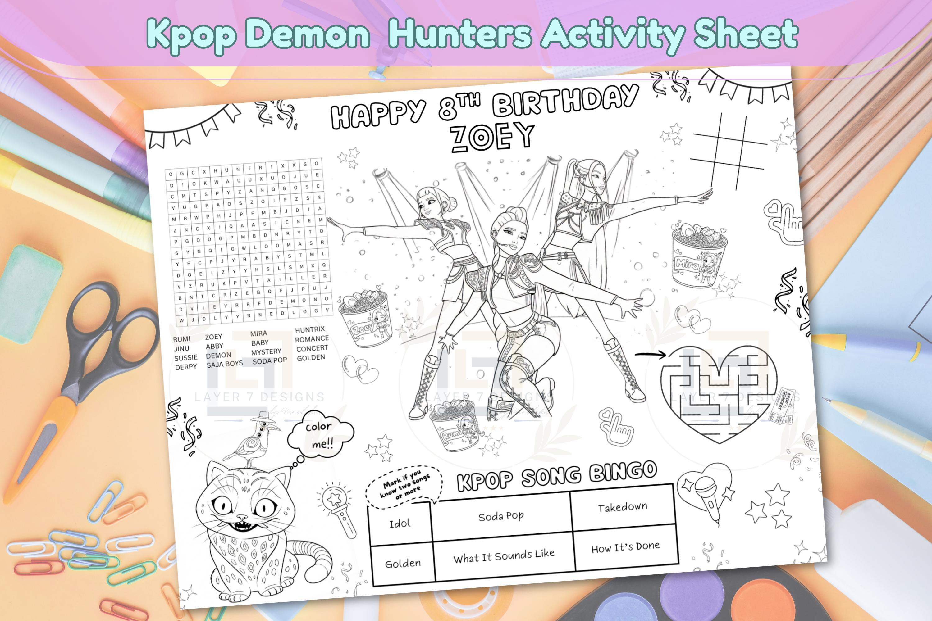 Kpop Activity Sheet showing word search maze and song bingo games