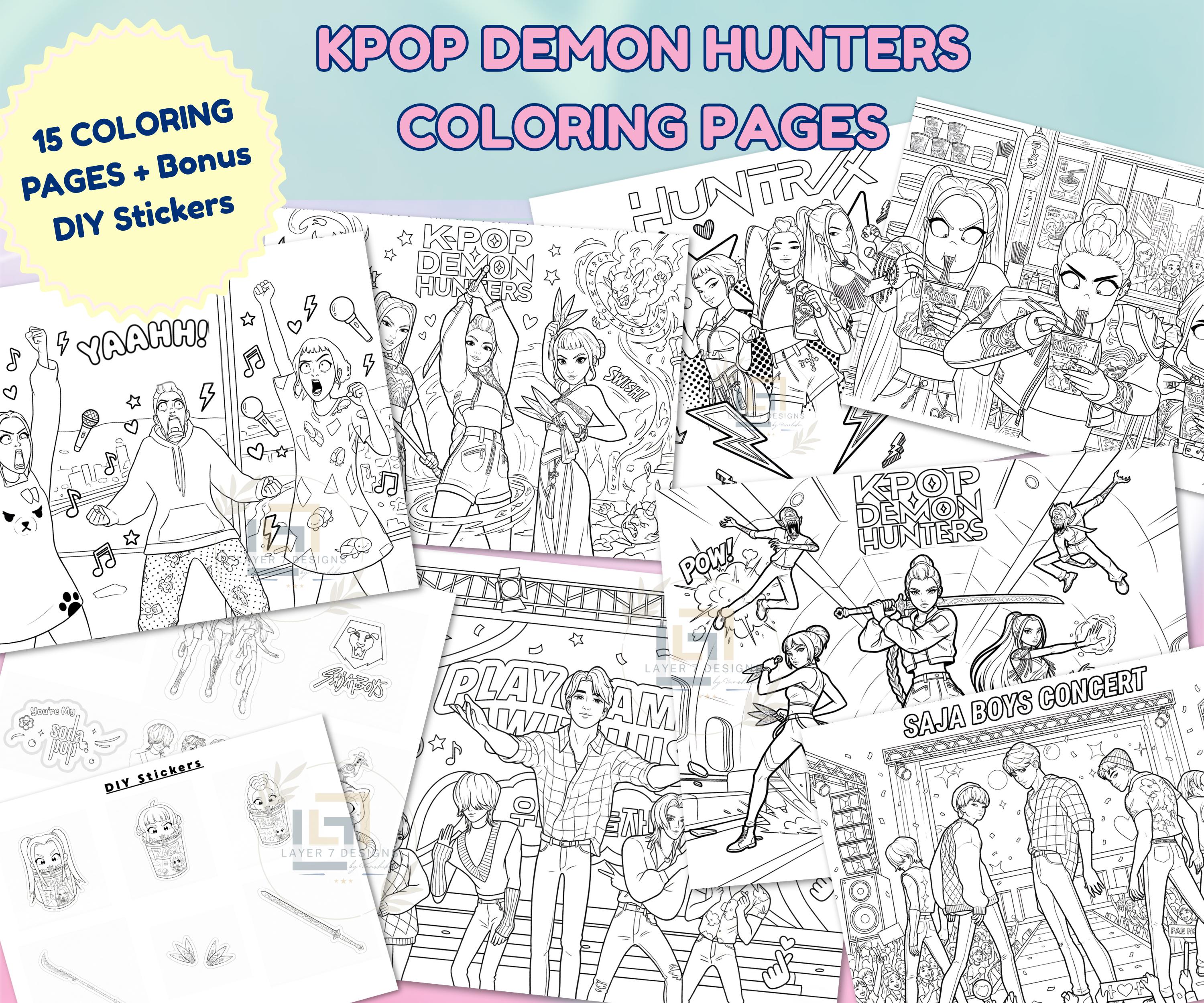 Kpop Demon Hunters Coloring Pages with Huntrix and Saja Boys characters