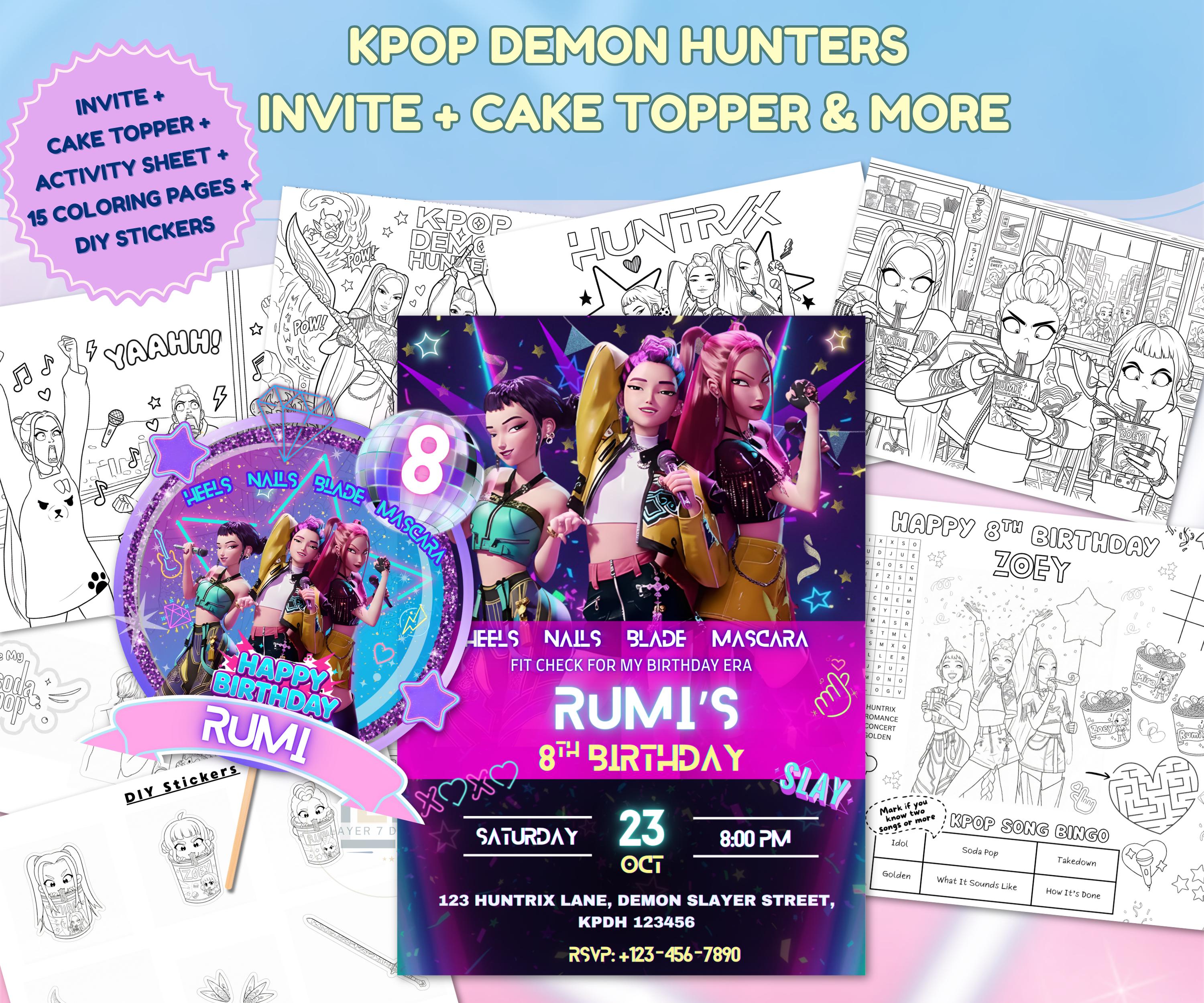 Kpop Demon Hunters Party Bundle with invitation cake topper and activity sheets