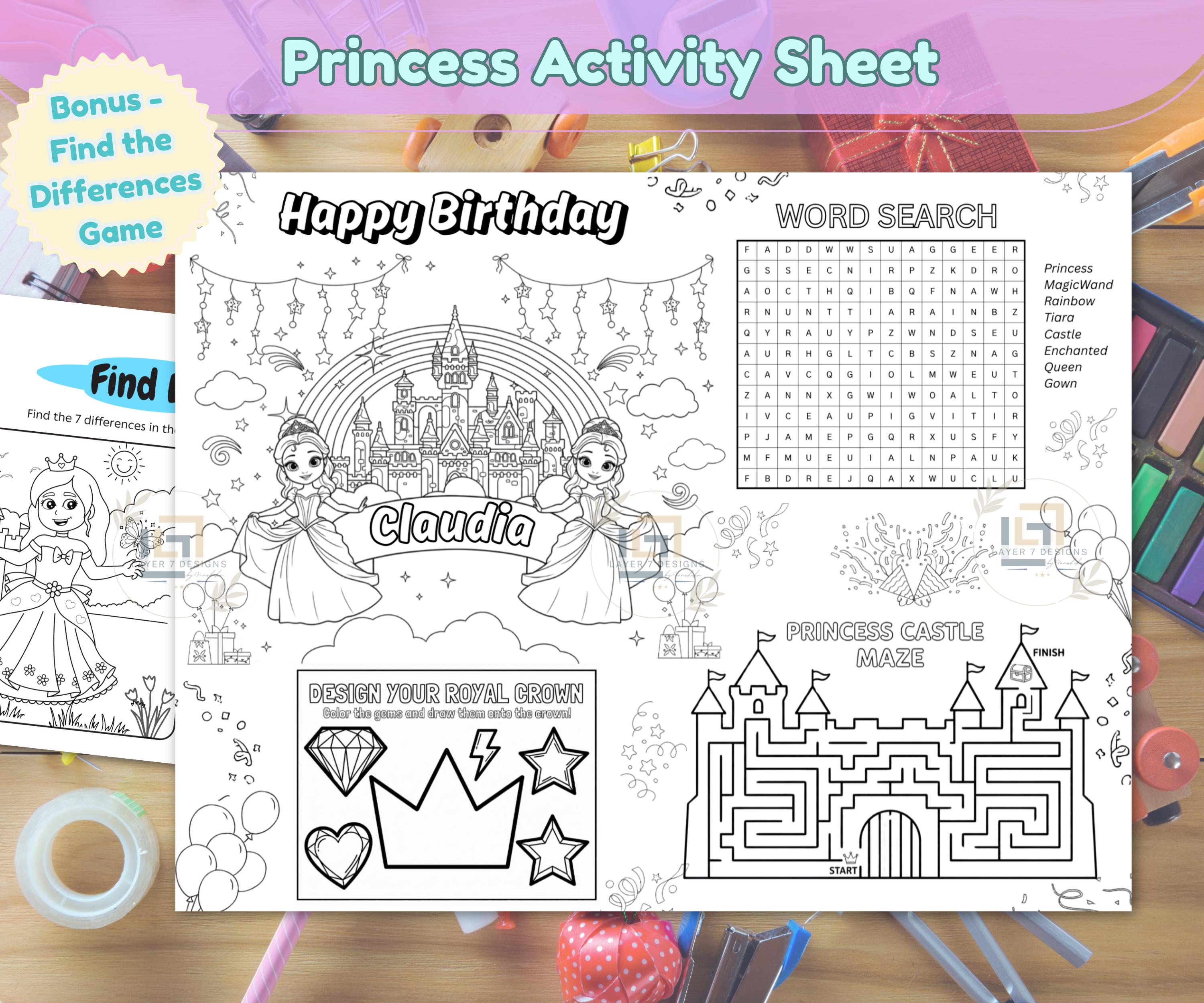 Editable Princess Activity Placemat showing maze and word search games
