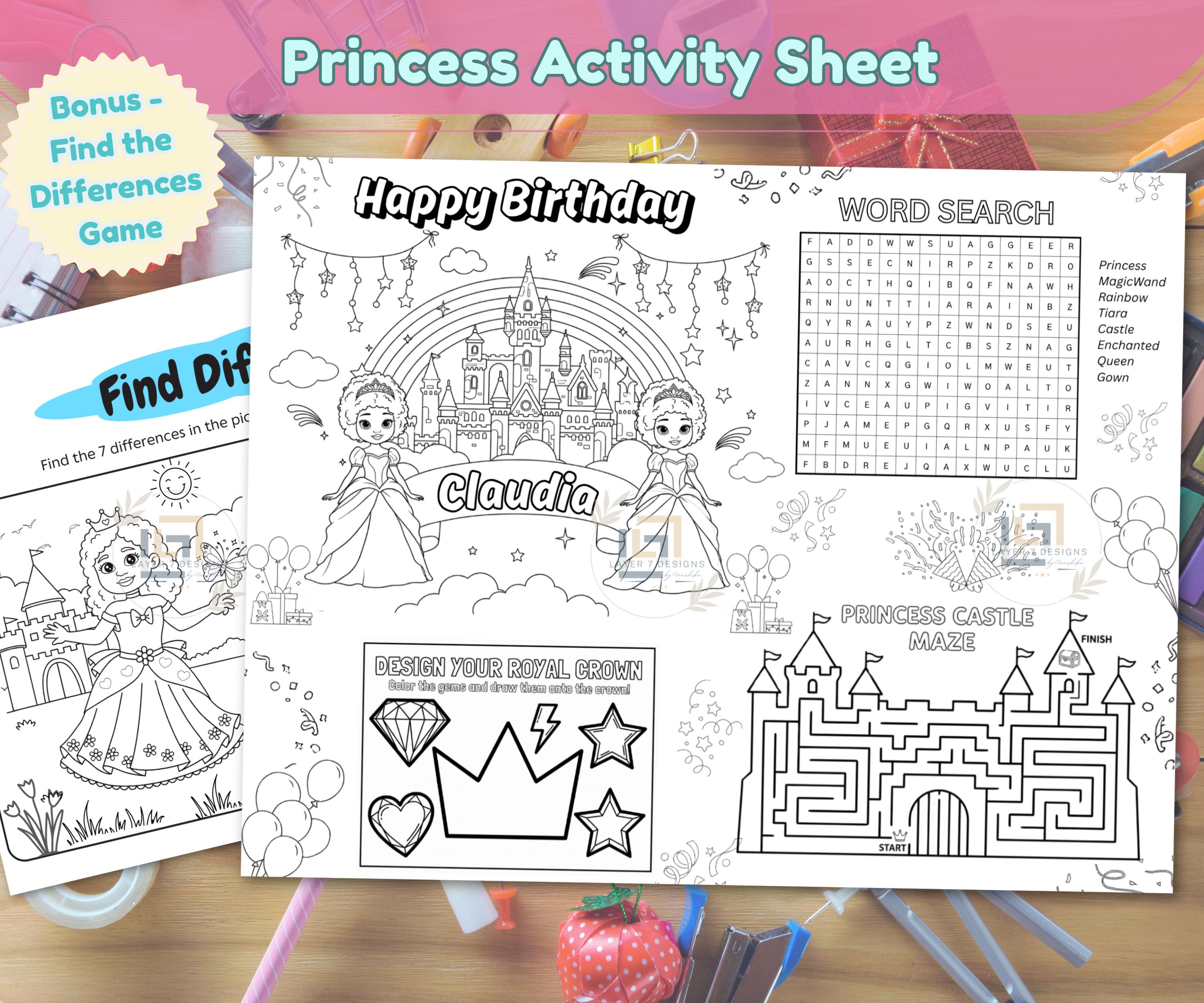 African American Princess Activity Placemat with curly-haired princess and castle maze