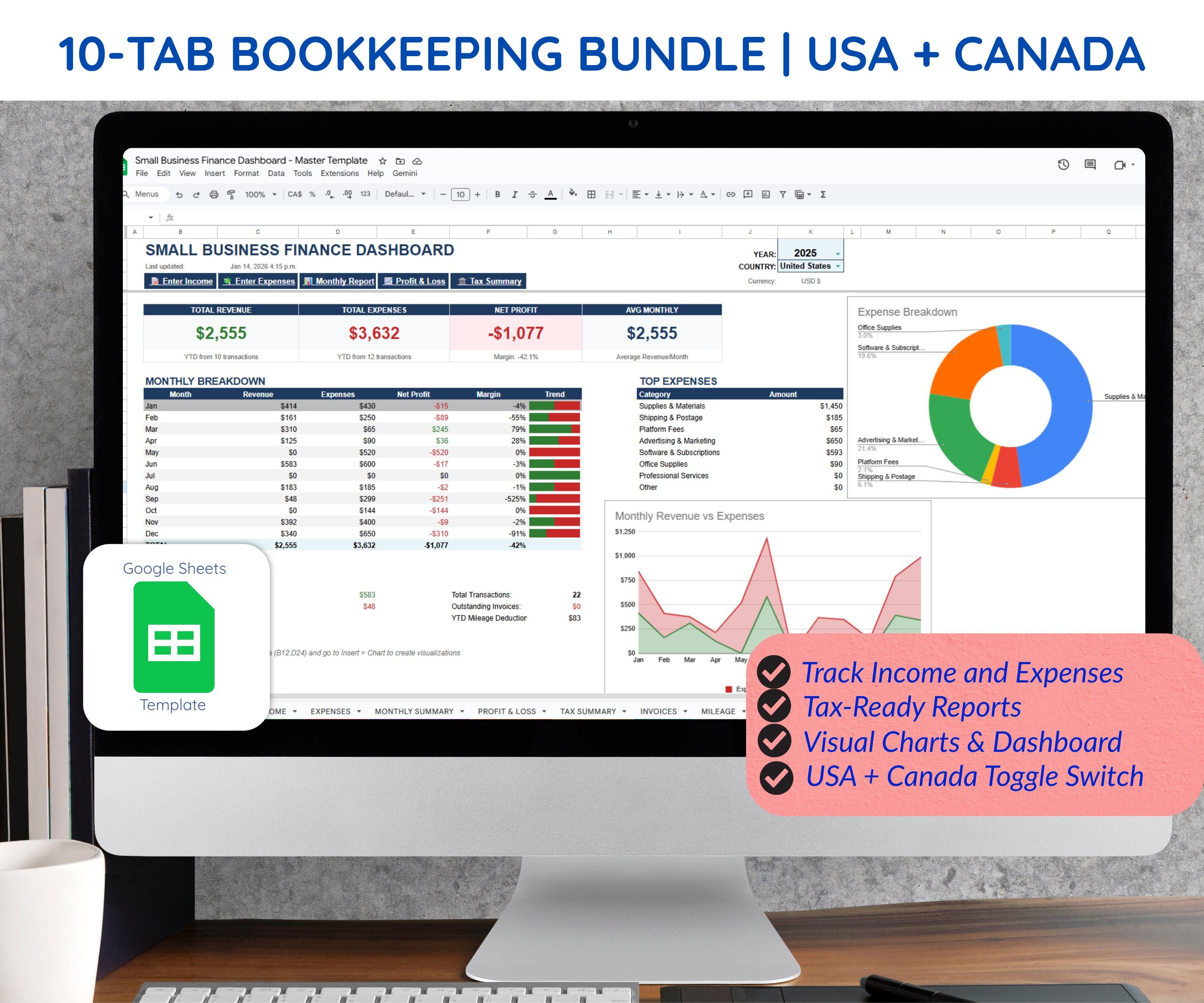USA Canada Multi-Currency Finance Dashboard showing toggle switch
