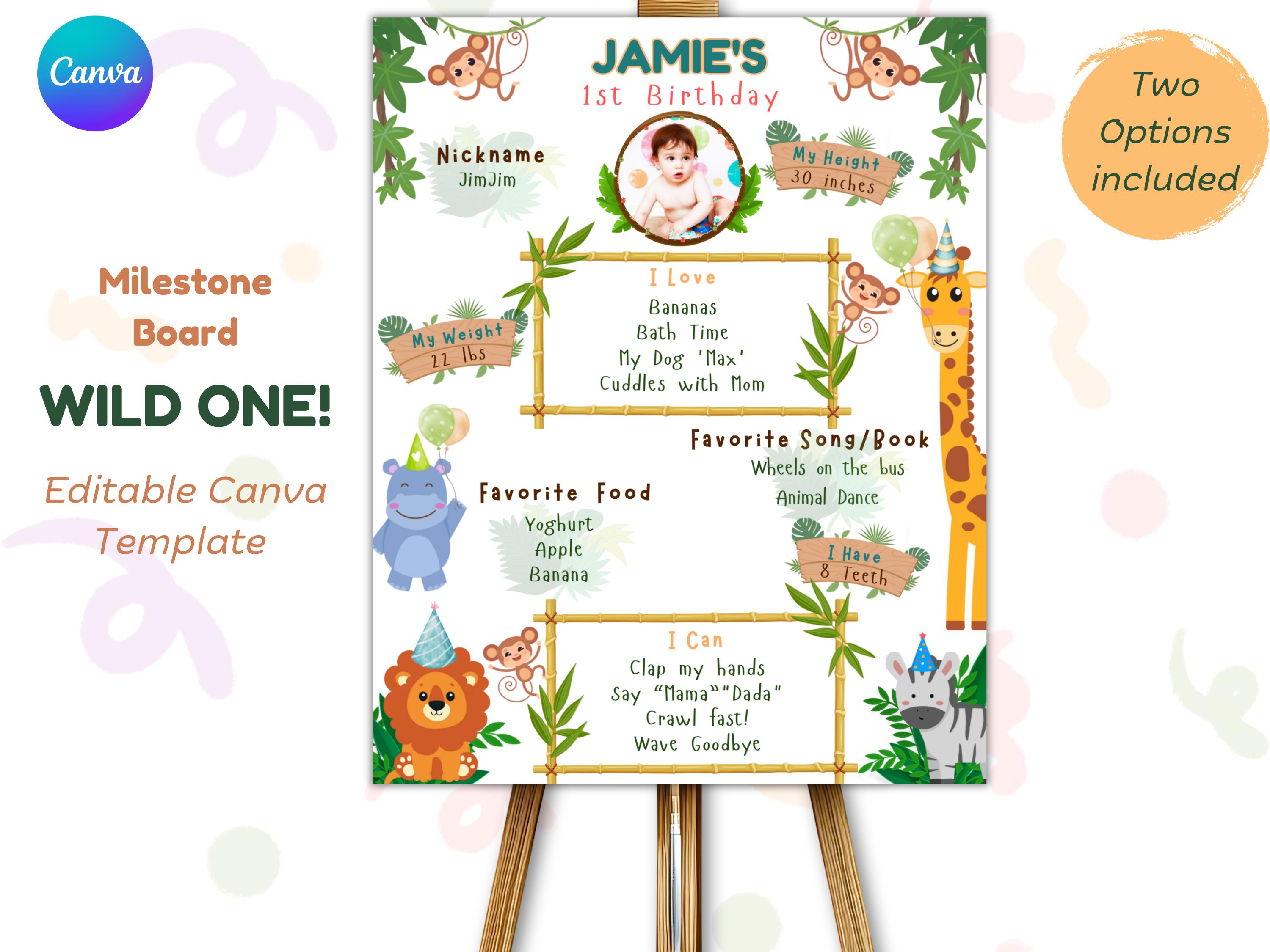 Wild One Safari Milestone Board displayed next to cake