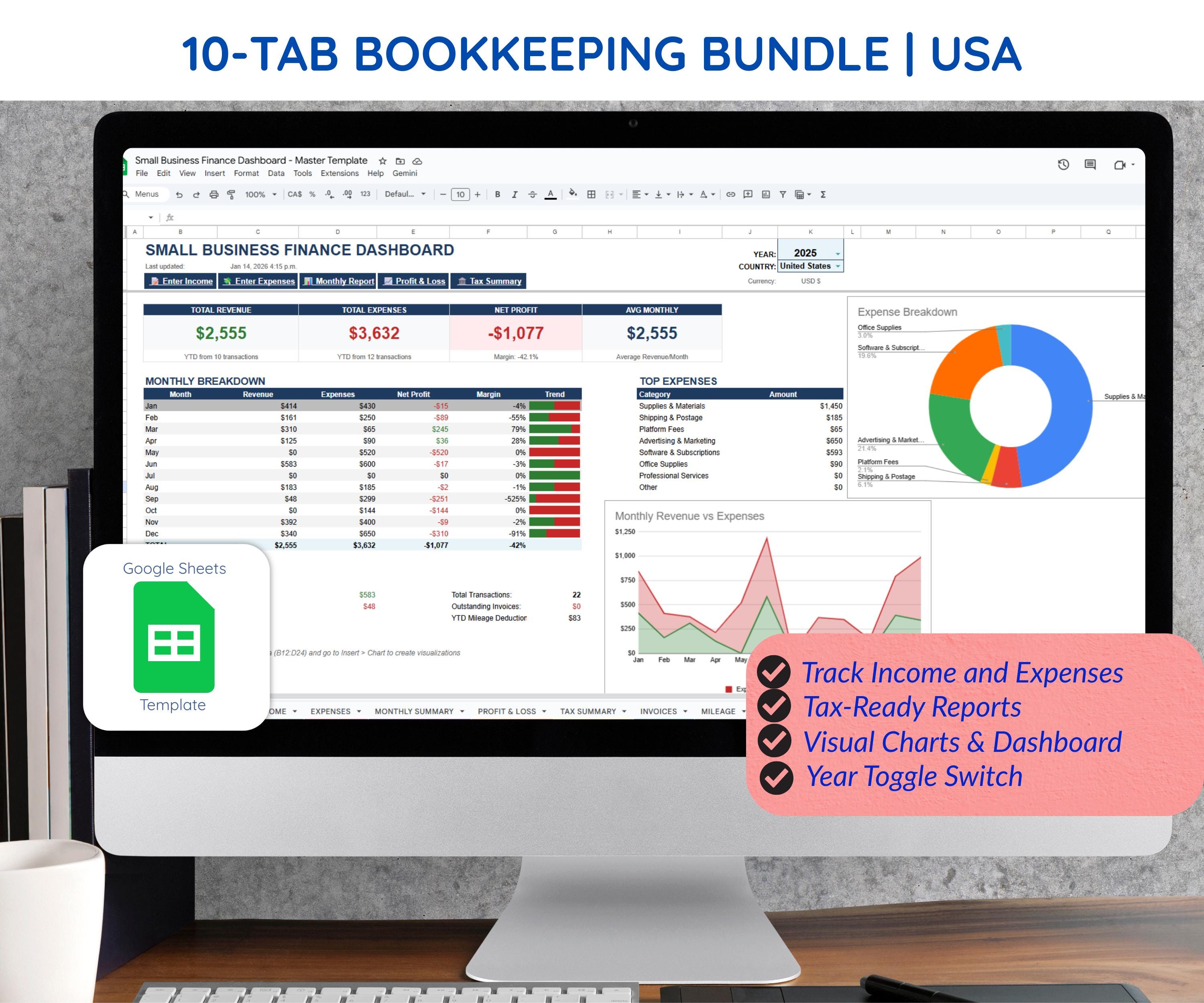 USA Small Business Bookkeeping Spreadsheet Dashboard with Profit Loss and Tax Summary