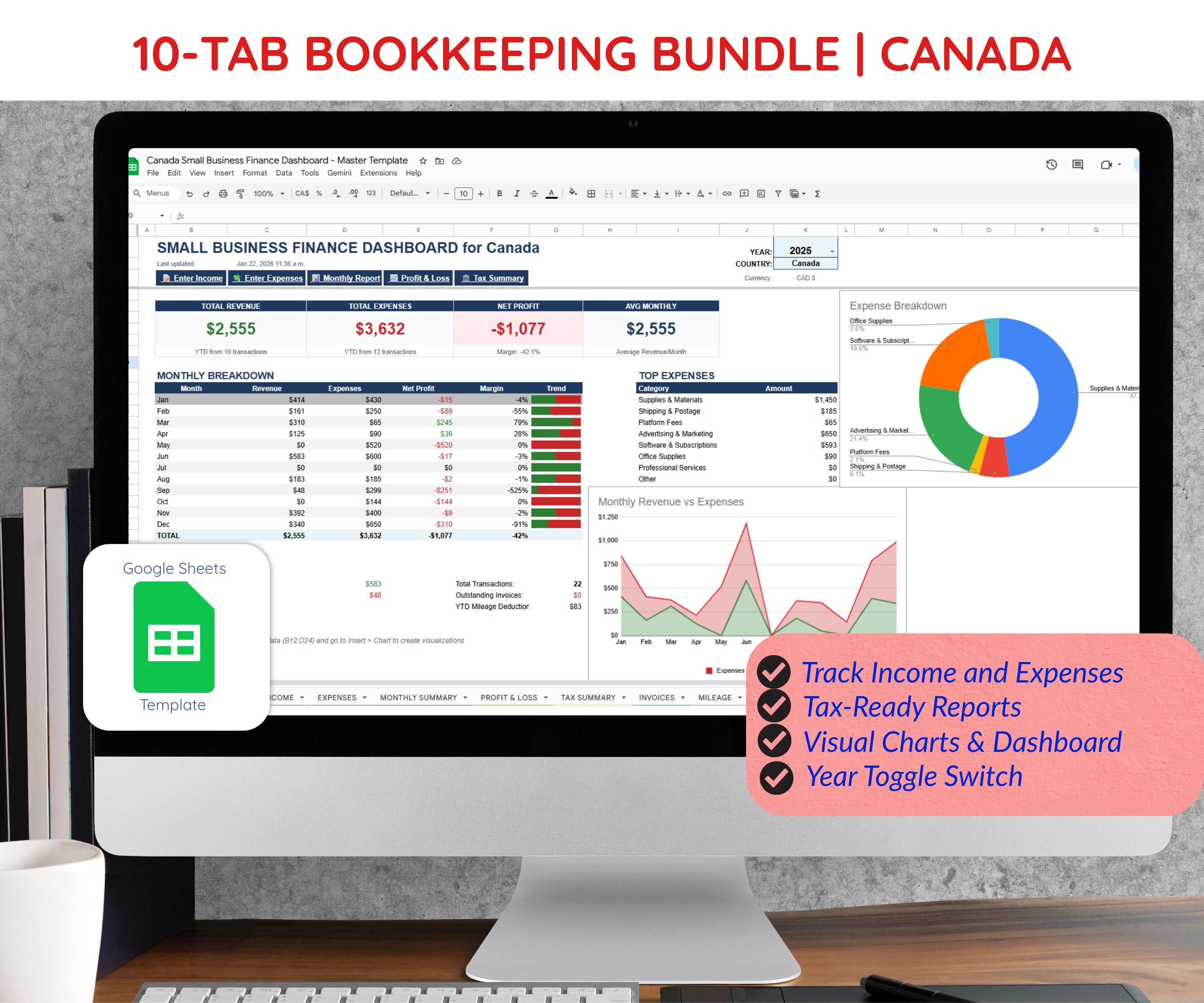 Canada Small Business Bookkeeping Spreadsheet with GST/HST Tracking