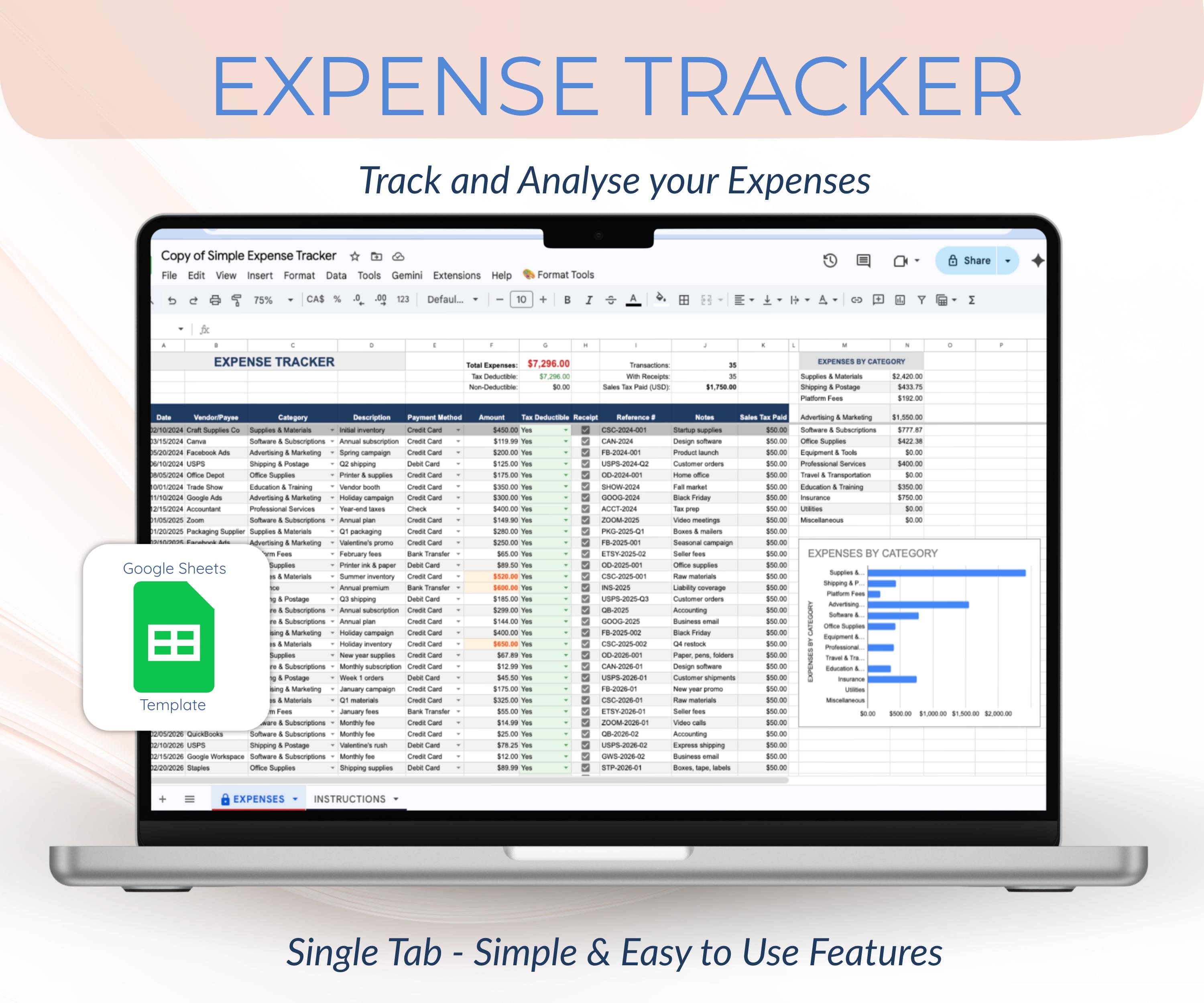 Simple Expense Tracker for Google Sheets dashboard showing spending breakdown