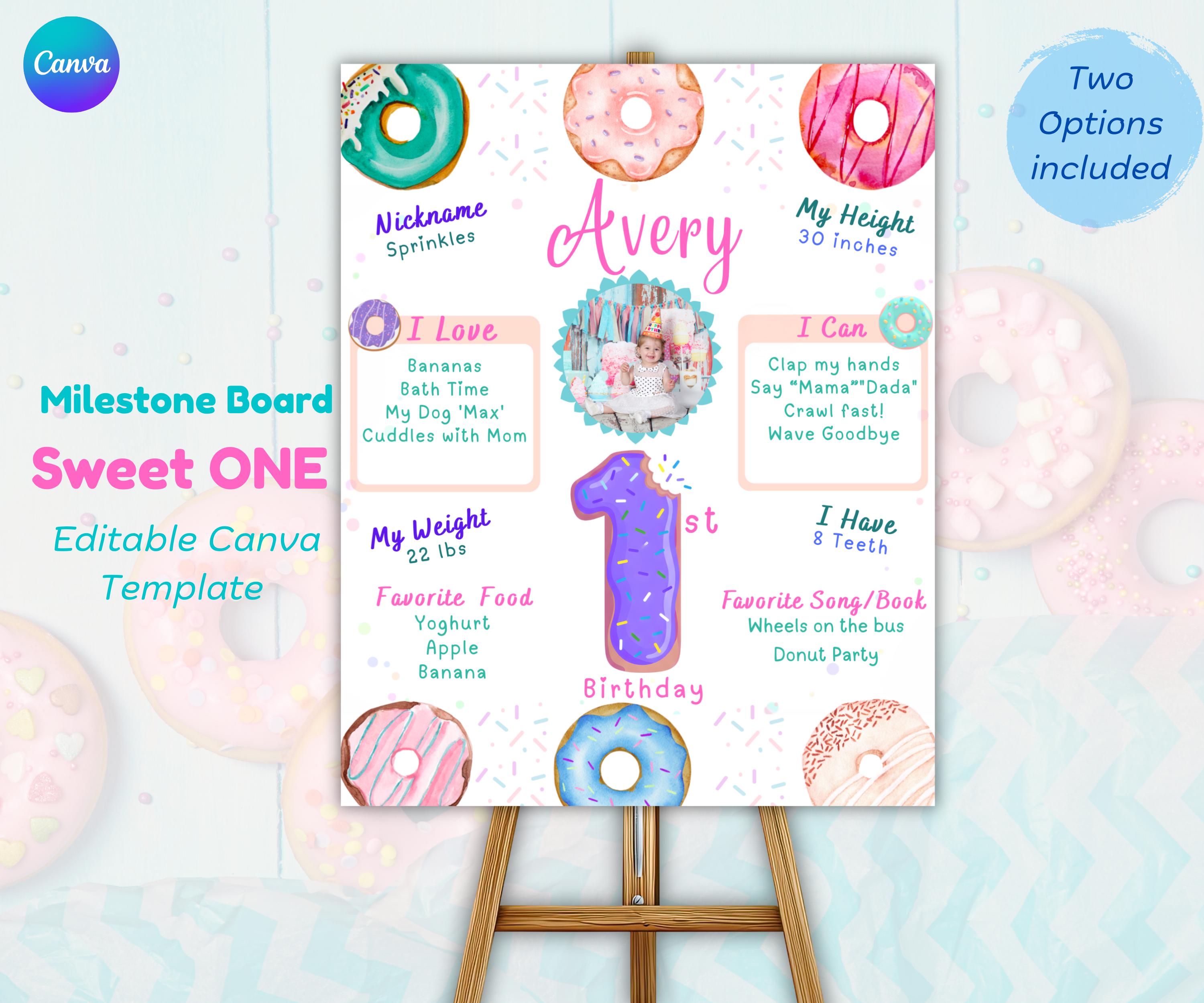 Sweet One Donut Milestone Board displayed next to cake