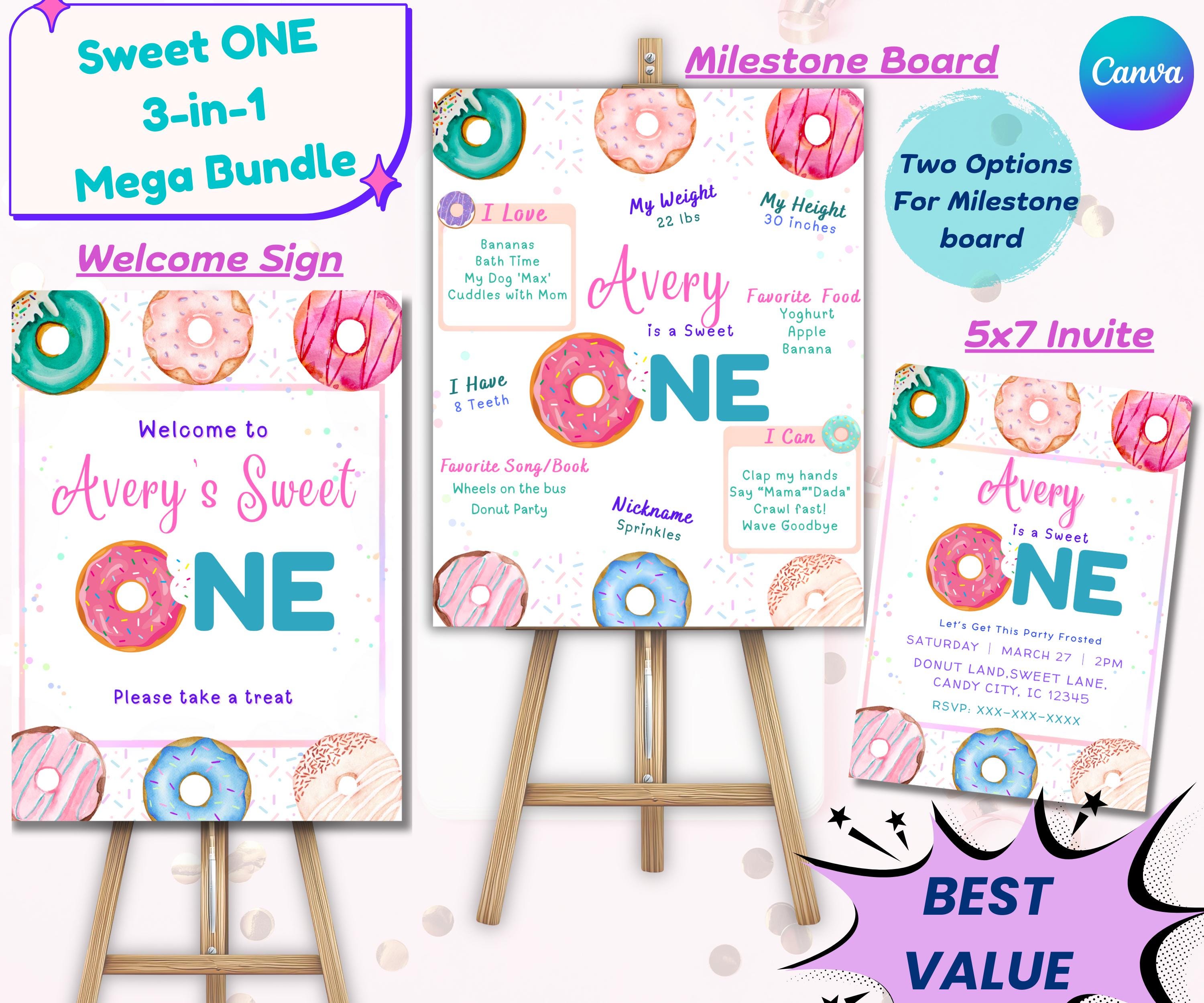 Sweet One Donut Party Bundle including Invite, Sign, and Board
