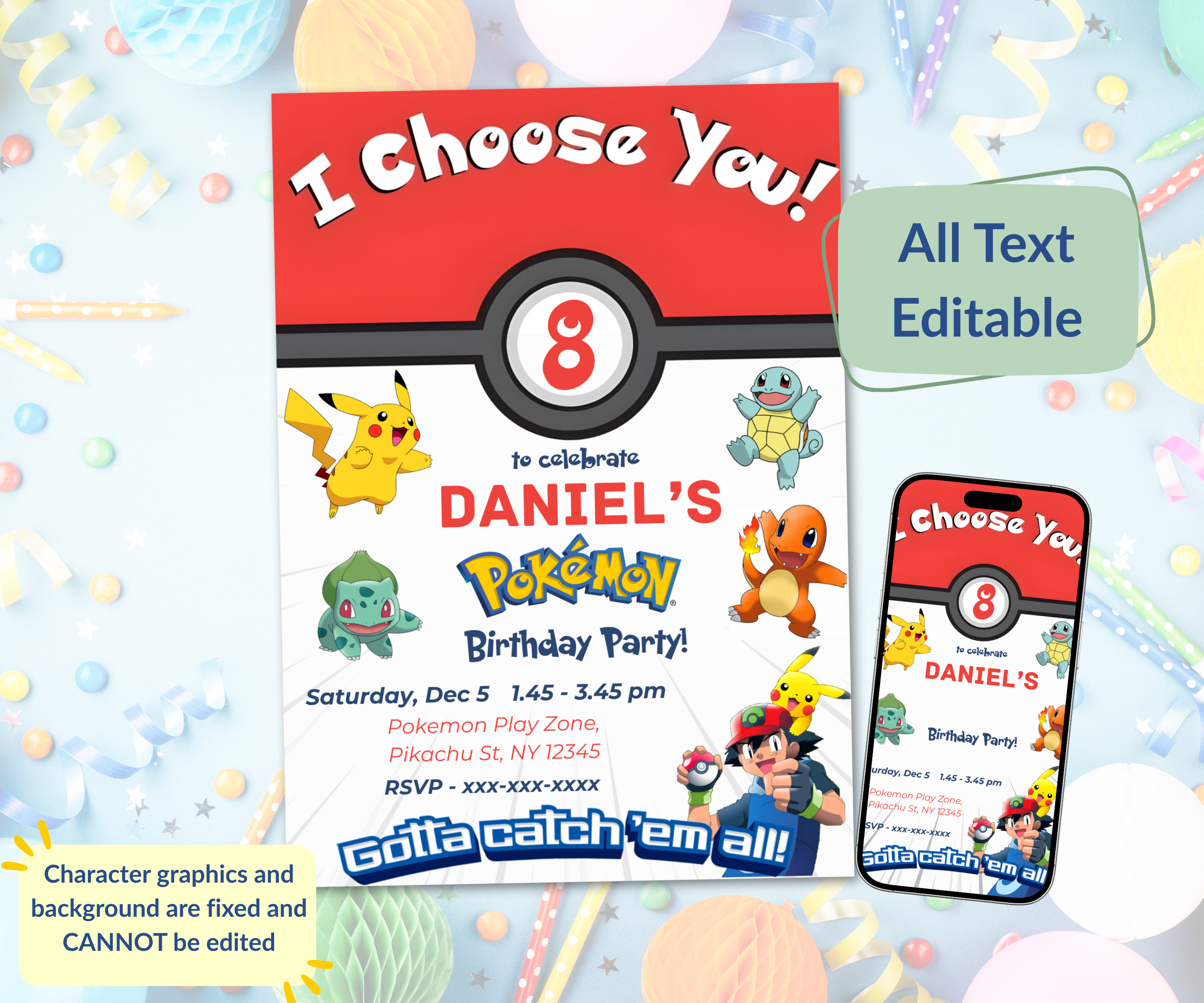 Editable Pokemon Invitation template showing text fields in Canva