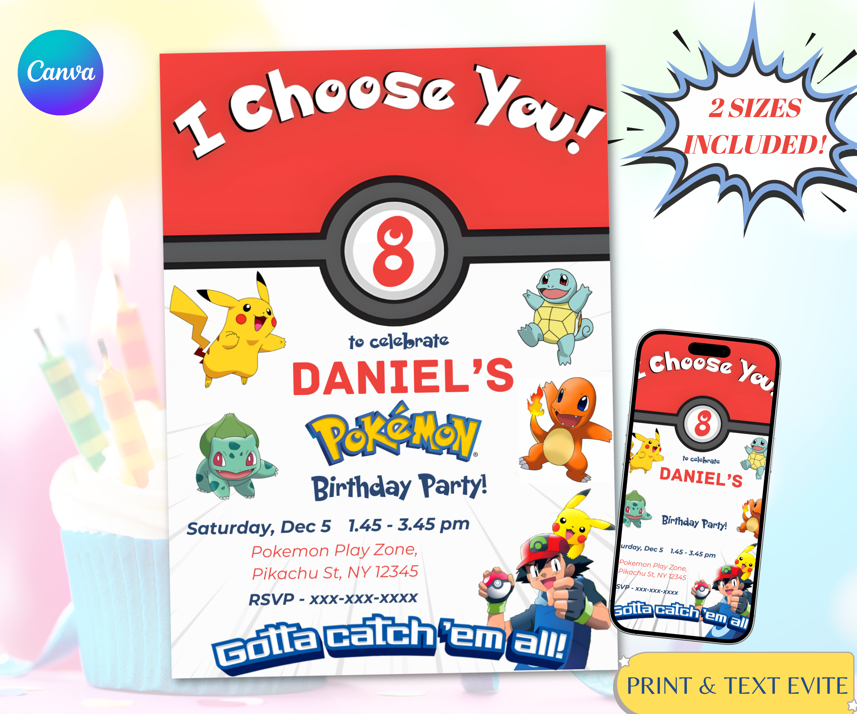 Pikachu Pokemon Birthday Invitation with Charmander Bulbasaur and Squirtle