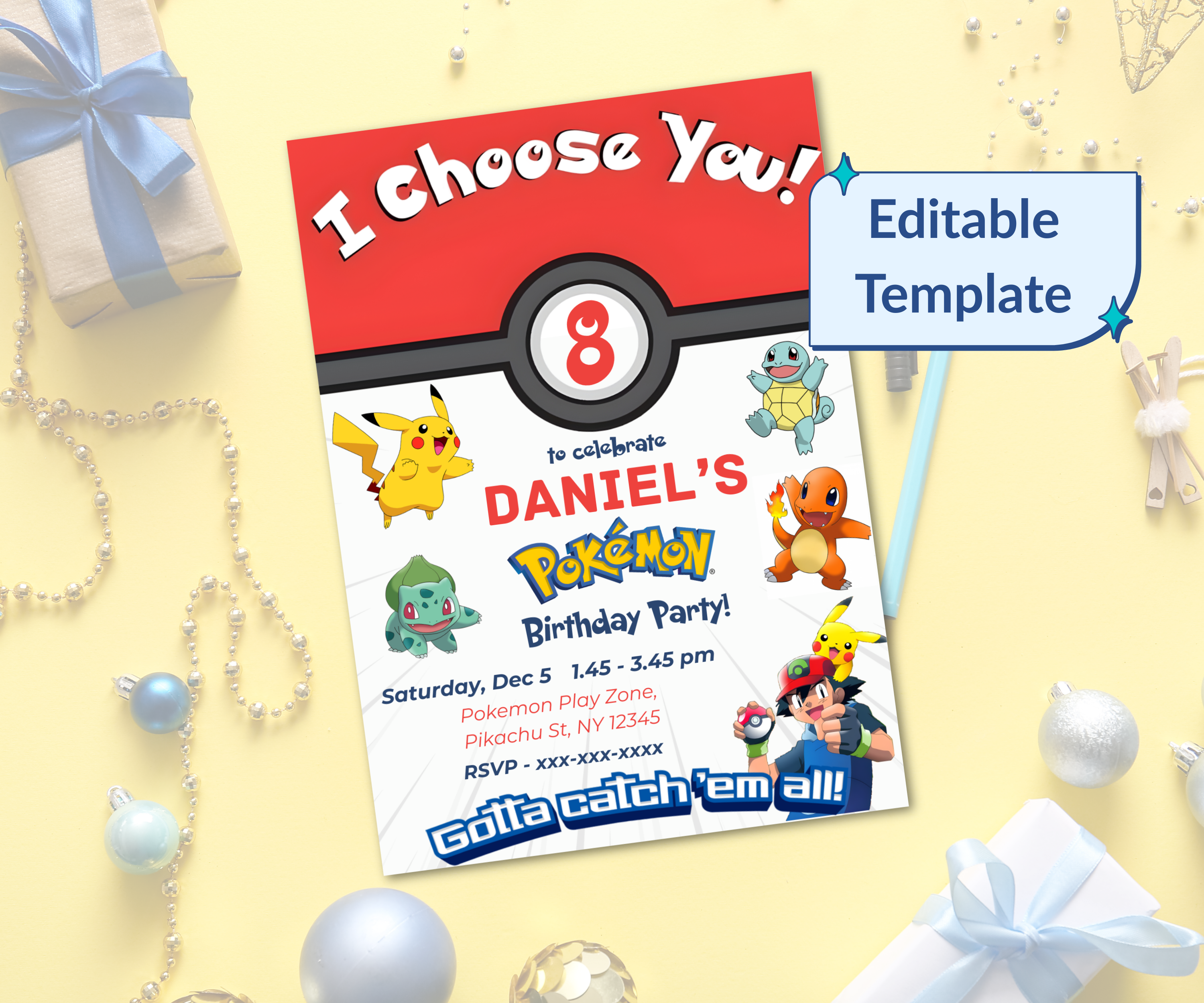 Pokemon birthday party table with Pikachu decorations and themed snacks