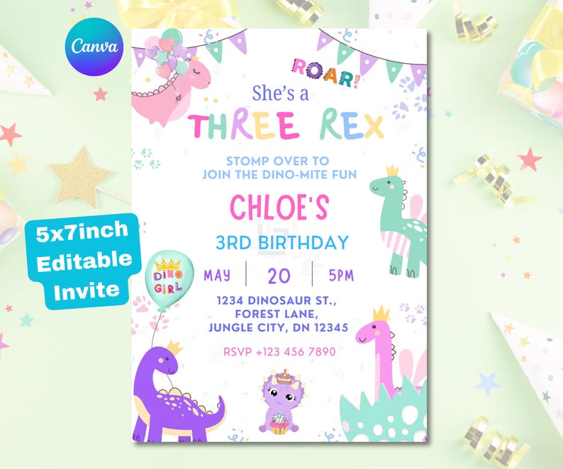 Pastel Dinosaur Birthday Invitation for girls showing pink and mint green T-Rex design